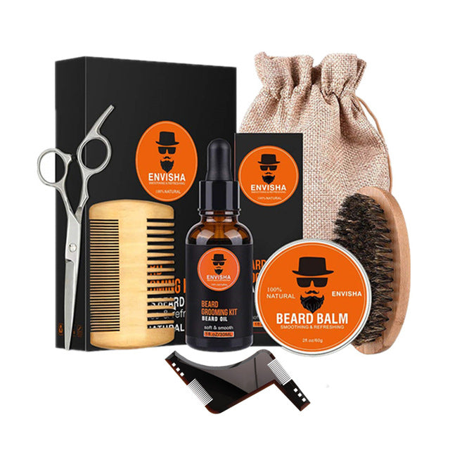 7pcs/set Men Barba Beard Kit Styling Tool Beard Essence Oil Comb Moustache Balm Moisturizing Wax Styling Scissors Beard Care Set