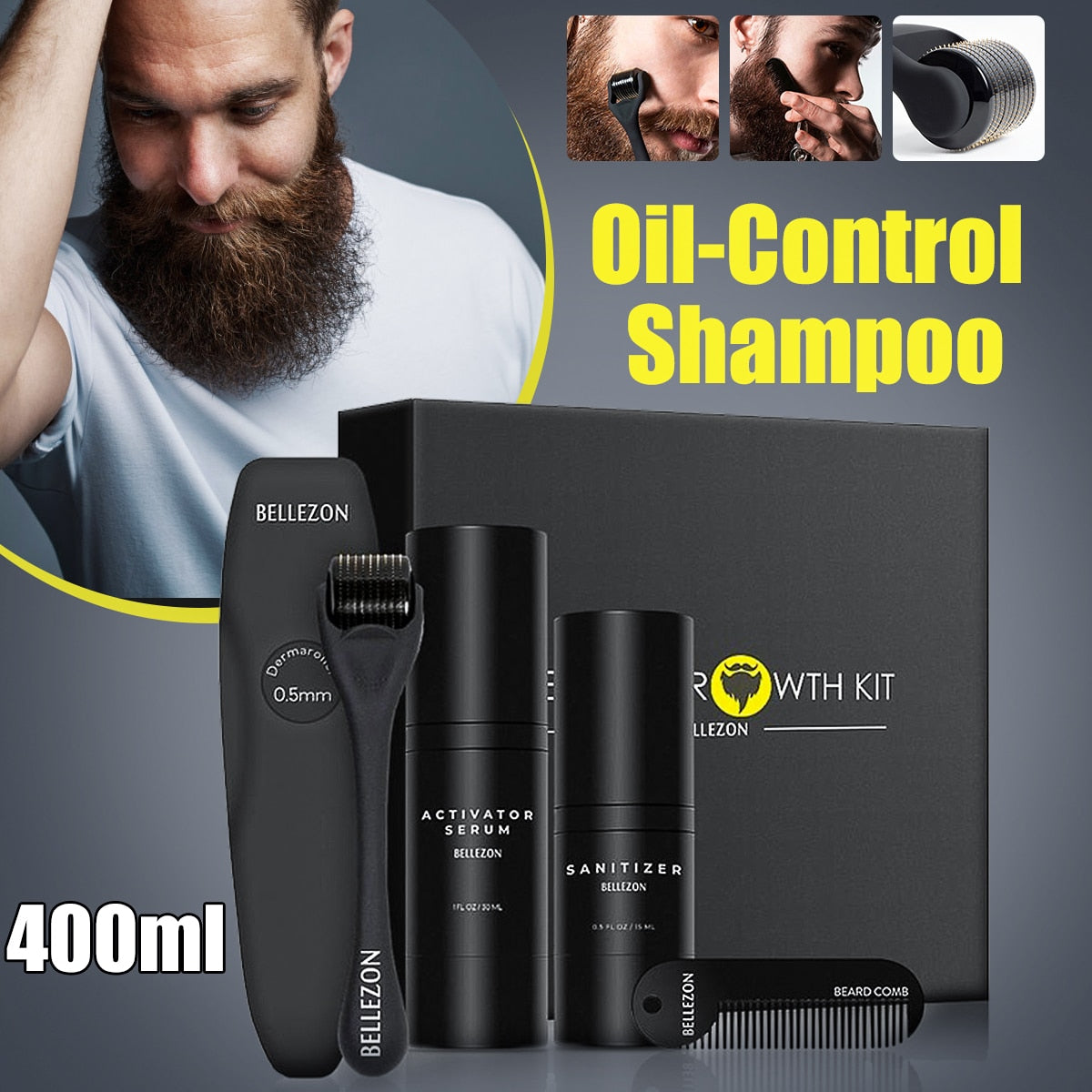 4 Pcs/set Men Beard Growth Kit Hair Growth Enhancer Thicker Oil Nourishing  Leave-in Conditioner Beard Grow Set with Comb